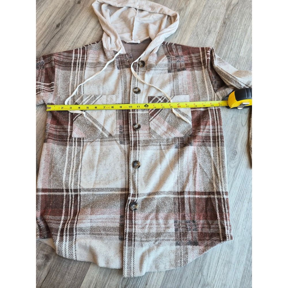 Reborn J Womens Plaid Hooded Shacket Brown Cream Button Front T14159-CK82 Small - Picture 4 of 6